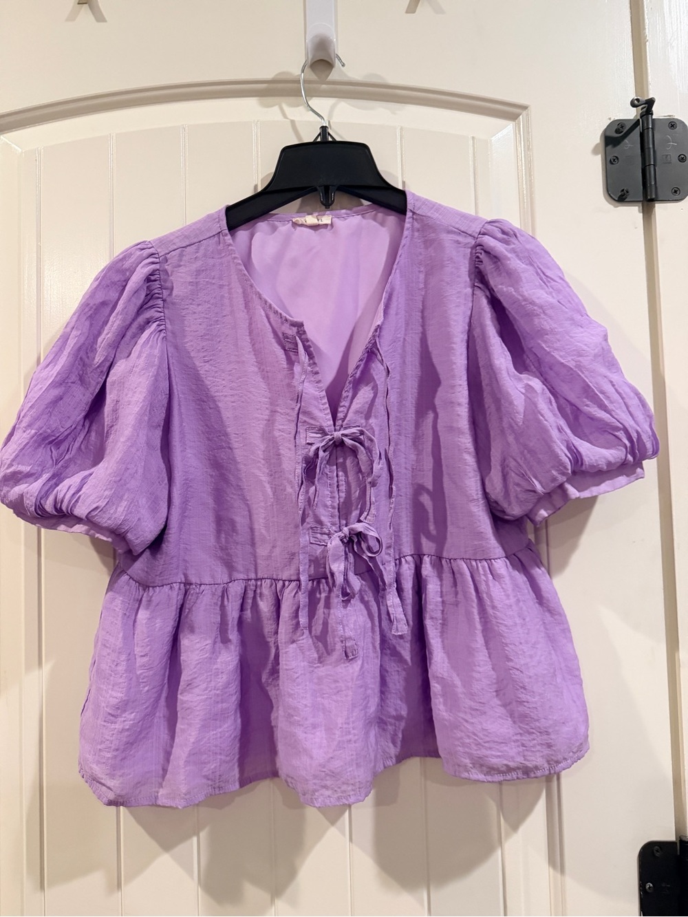 JODIFL Lavender Puff Sleeve Tie-Front Peplum Top